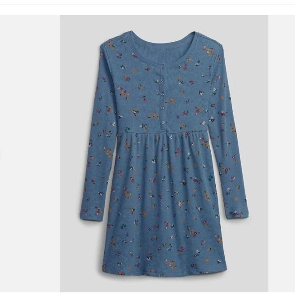 Gap Kids Large Dress Blue Floral Waffle Knit Long Sleeve Skater Thermal NEW